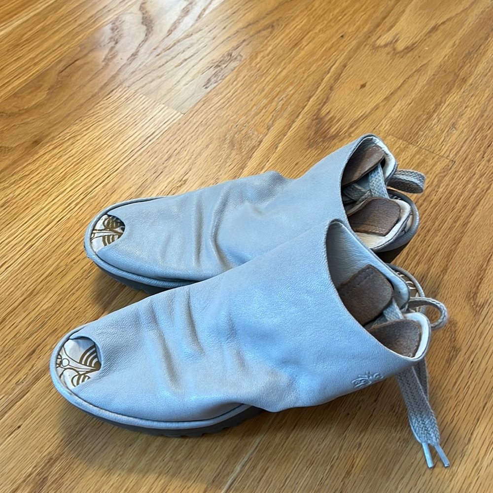 Fly London YAME slouch leather peep toe wedge sandal size 38 tan